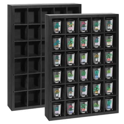 Shot Glass Display Case 2Pack, 30 Slots Shot Glass Holder Wall Mounted, Solid Wood Shadow Box with Removable Shelves, Shot Glass Storage Case, Shot Glasses Shelf, Black