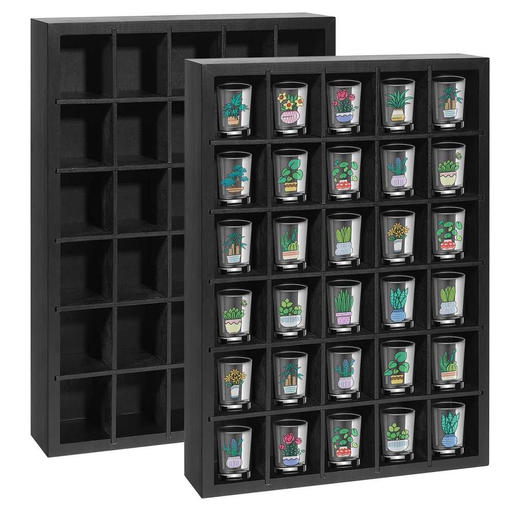 Shot Glass Display Case 2Pack, 30 Slots Shot Glass Holder Wall Mounted, Solid Wood Shadow Box with Removable Shelves, Shot Glass Storage Case, Shot Glasses Shelf, Black