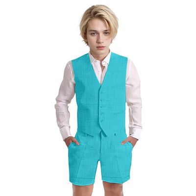 Wotoko Boys Summer Linen Suit Slim Fit Kids Tuxedo Beach Wedding Suits for Boys 2 Pieces Vest Short Pants Set,Turquoise,10