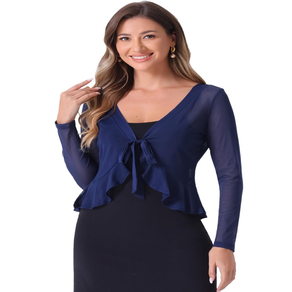 Allegra K Ruffle Mesh Shrug for Women's Long Sleeves Self Tie Casual Bolero Cardigan Medium Dark Blue