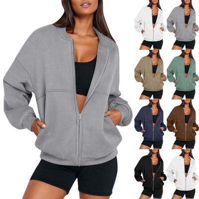 Jielayou Women Bomber Jacket Casual Zip Up Sweatshirt Drop Shoulder Long Sleeve Oversized Sweatshirt Comfy Fleece Jacket Trendy Full Zip Up Coat with Pockets Loose Sweaters Y2k Clothes Fall Outfits