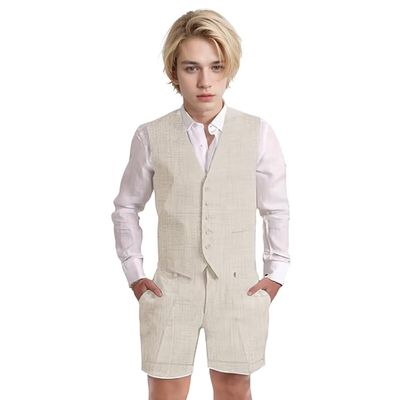 Wotoko Boys Summer Linen Suit Slim Fit Kids Tuxedo Beach Wedding Suits for Boys 2 Pieces Vest Short Pants Set,Beige,10