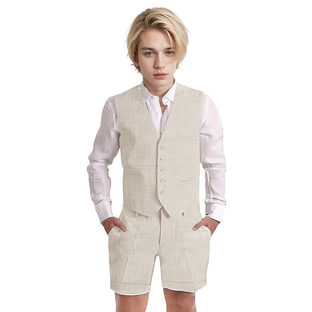 Wotoko Boys Summer Linen Suit Slim Fit Kids Tuxedo Beach Wedding Suits for Boys 2 Pieces Vest Short Pants Set,Beige,10