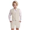 Wotoko Boys Summer Linen Suit Slim Fit Kids Tuxedo Beach Wedding Suits for Boys 2 Pieces Vest Short Pants Set,Beige,10 view 1