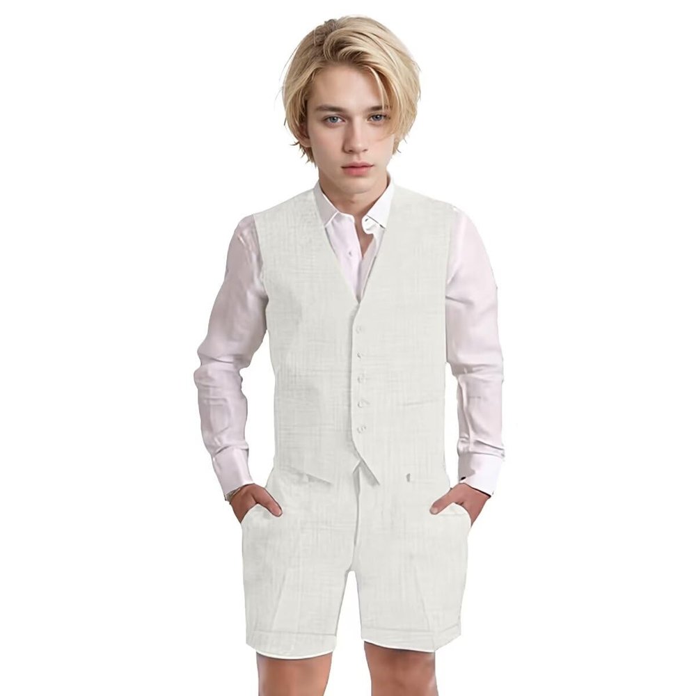 Wotoko Boys Summer Linen Suit Slim Fit Kids Tuxedo Beach Wedding Suits for Boys 2 Pieces Vest Short Pants Set,White,20
