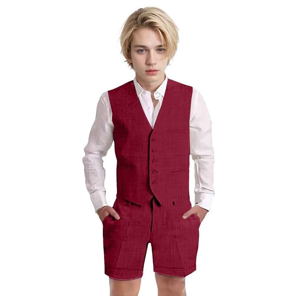 Wotoko Boys Summer Linen Suit Slim Fit Kids Tuxedo Beach Wedding Suits for Boys 2 Pieces Vest Short Pants Set,Burgundy,7