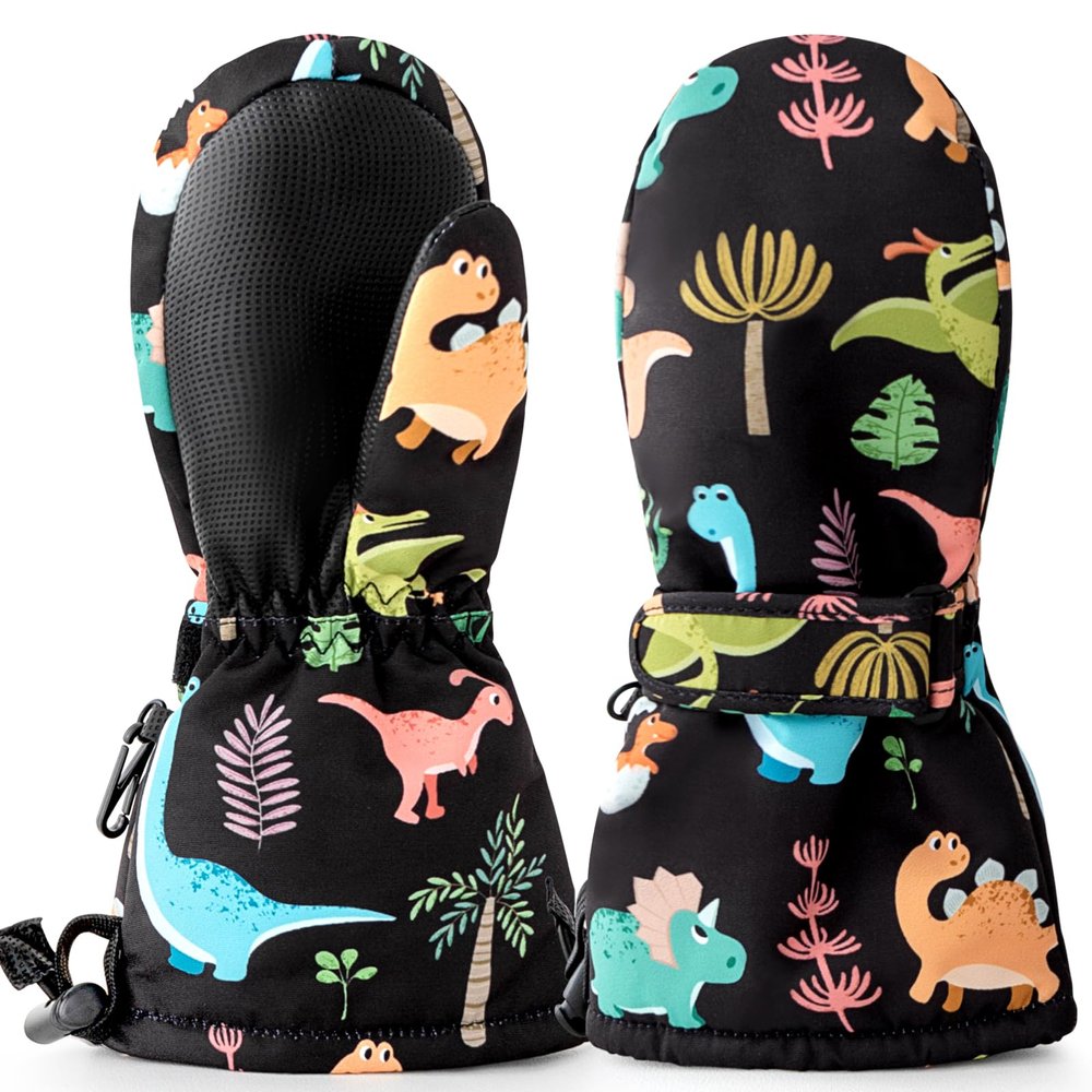 Caudblor Kids Mittens For Age 2-4,5-7,8-10, Dinosaur Toddler Waterproof Long Cuff Winter Mitten Gloves For Boy, Black Little Boys Fleece Snow Glove, Lightweight Childrens Mittens For Skiing,Skating