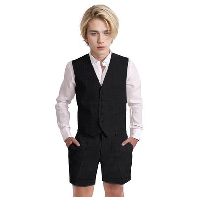 Wotoko Boys Summer Linen Suit Slim Fit Kids Tuxedo Beach Wedding Suits for Boys 2 Pieces Vest Short Pants Set,Black,7