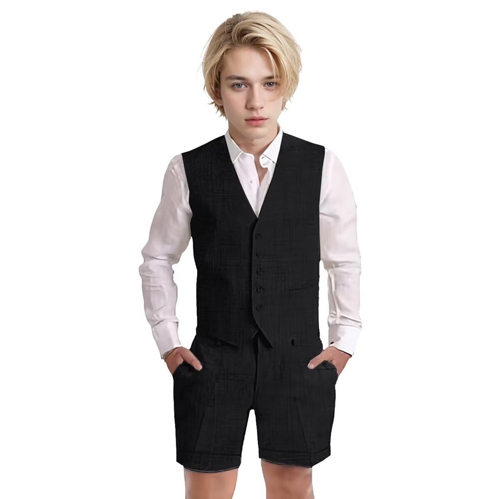 Wotoko Boys Summer Linen Suit Slim Fit Kids Tuxedo Beach Wedding Suits for Boys 2 Pieces Vest Short Pants Set,Black,7