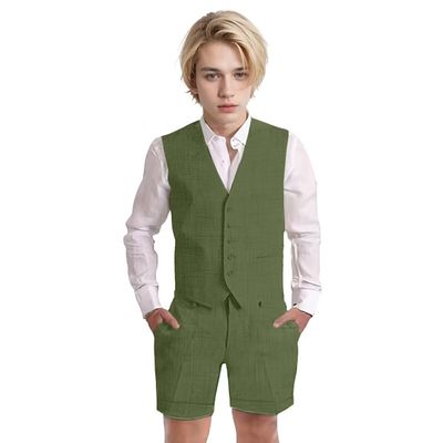 Wotoko Boys Summer Linen Suit Slim Fit Kids Tuxedo Beach Wedding Suits for Boys 2 Pieces Vest Short Pants Set,Olive Green,5