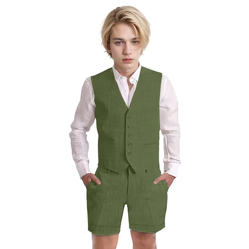 Wotoko Boys Summer Linen Suit Slim Fit Kids Tuxedo Beach Wedding Suits for Boys 2 Pieces Vest Short Pants Set,Olive Green,5