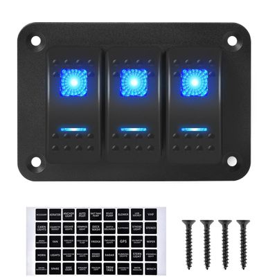 3 Gang Marine Boat Rocker Switch Panel Waterproof 12V 20A/24V 10A 5 Pin SPST ON Off Pre-Wired Automotive LED Light Rocker Toggle Switch Aluminum Panel for Car Truck RV ATV UTV RZR 4x4 (Blue)