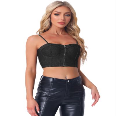 Allegra K Denim Bustier Crop Top for Women's Zip Up Adjustable Straps Jean Corset Top X-Large Black