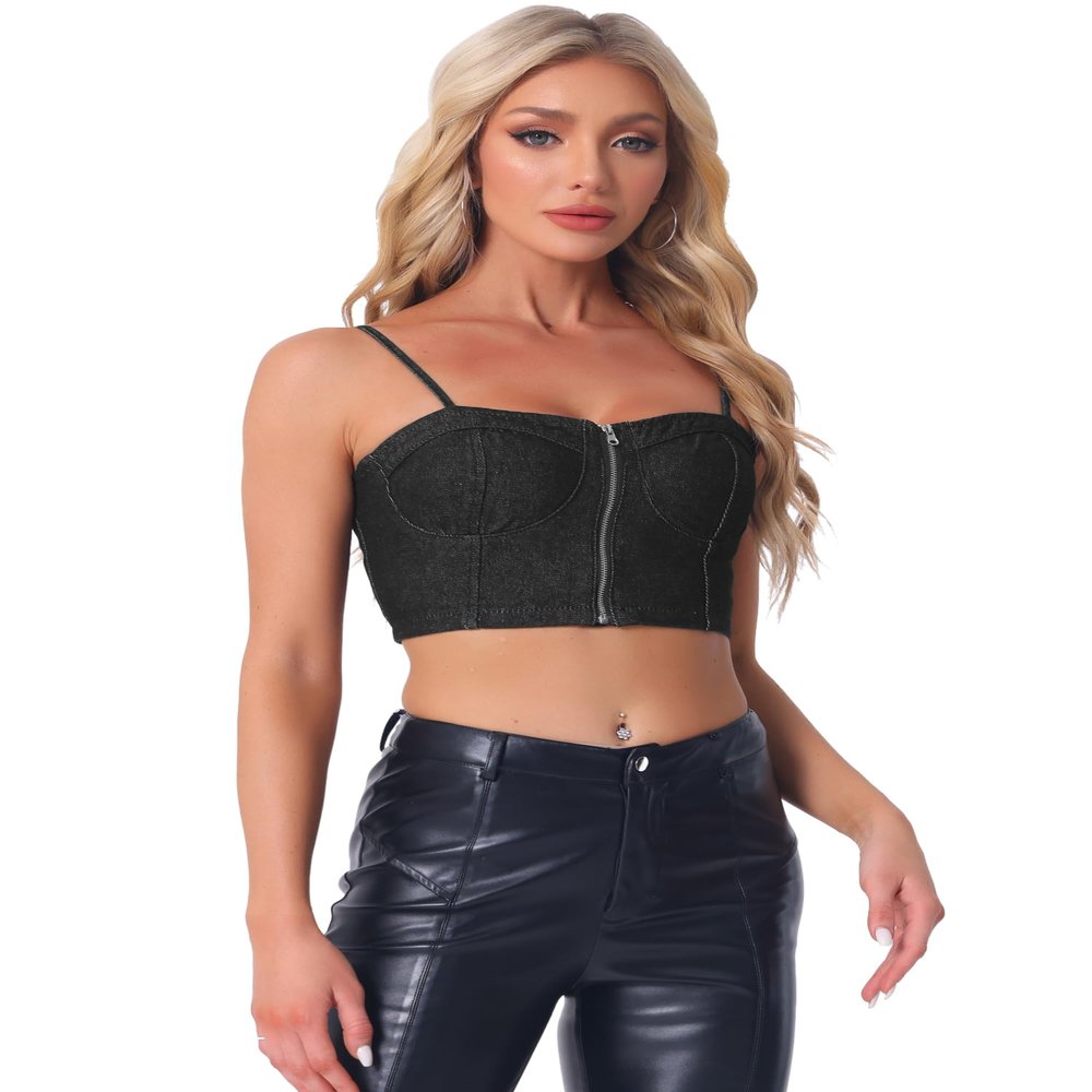 Allegra K Denim Bustier Crop Top for Women's Zip Up Adjustable Straps Jean Corset Top X-Large Black