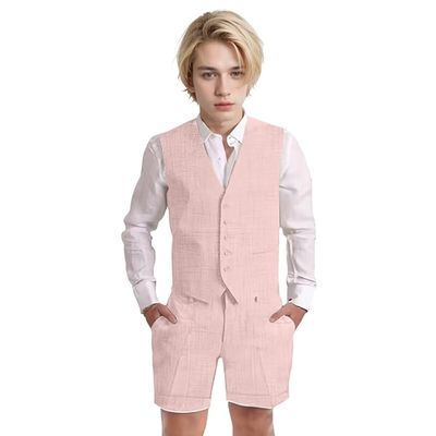 Wotoko Boys Summer Linen Suit Slim Fit Kids Tuxedo Beach Wedding Suits for Boys 2 Pieces Vest Short Pants Set,Flesh Pink,10