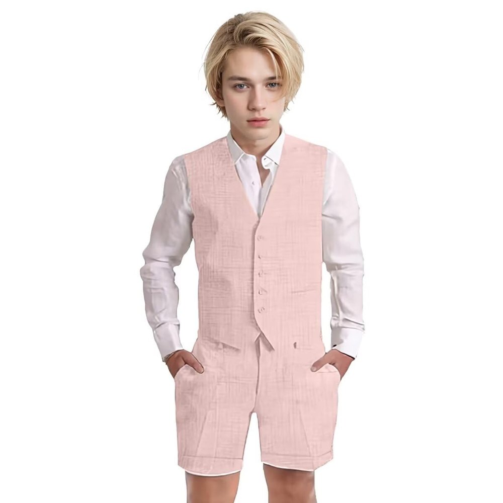 Wotoko Boys Summer Linen Suit Slim Fit Kids Tuxedo Beach Wedding Suits for Boys 2 Pieces Vest Short Pants Set,Flesh Pink,10