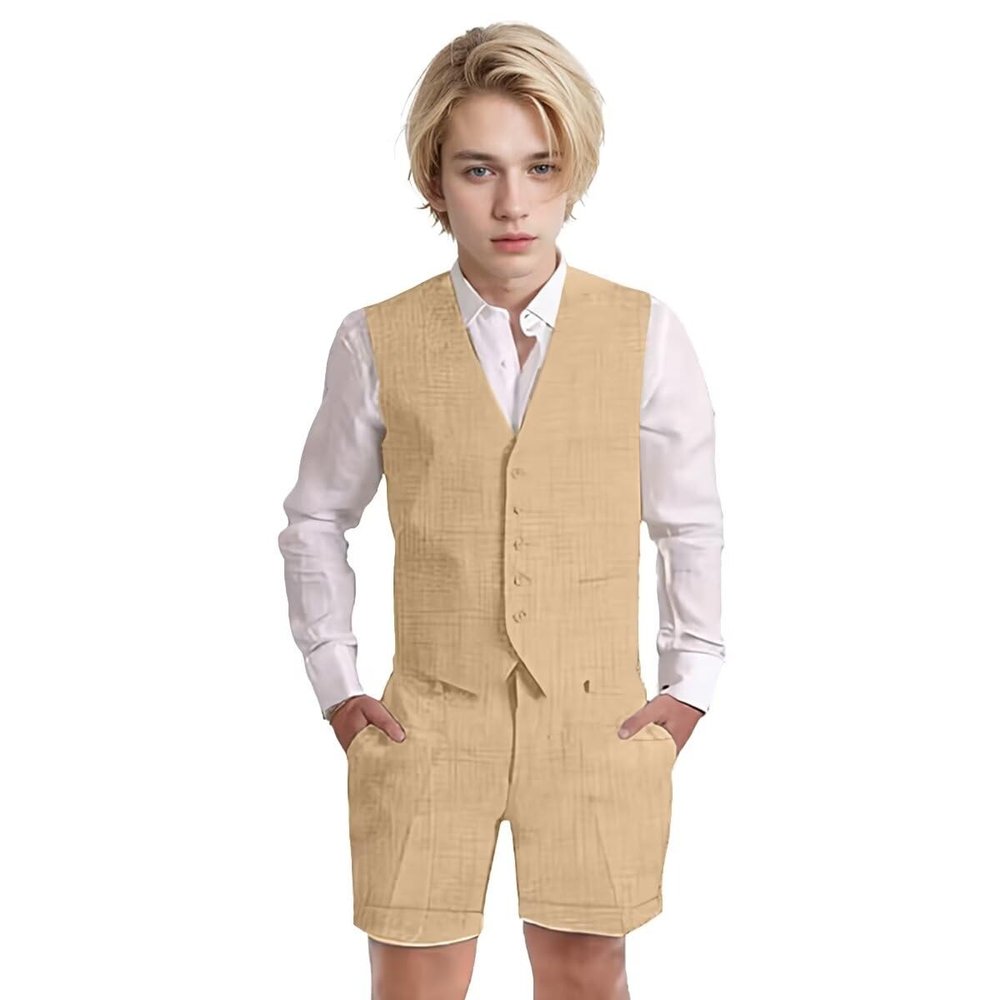 Wotoko Boys Summer Linen Suit Slim Fit Kids Tuxedo Beach Wedding Suits for Boys 2 Pieces Vest Short Pants Set,Champagne,6