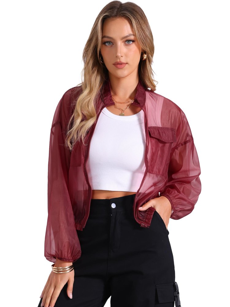 Allegra K Sheer Bomber Jacket for Women's Zip Up Long Sleeve See Through Jackets Medium Wine Red