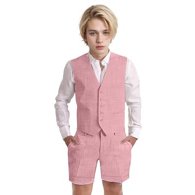 Wotoko Boys Summer Linen Suit Slim Fit Kids Tuxedo Beach Wedding Suits for Boys 2 Pieces Vest Short Pants Set,Pink,16