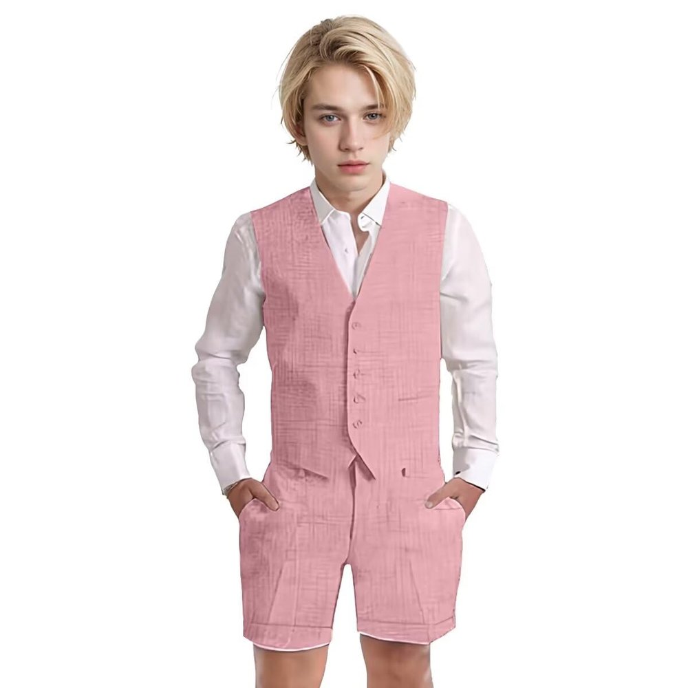 Wotoko Boys Summer Linen Suit Slim Fit Kids Tuxedo Beach Wedding Suits for Boys 2 Pieces Vest Short Pants Set,Pink,16