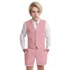 Wotoko Boys Summer Linen Suit Slim Fit Kids Tuxedo Beach Wedding Suits for Boys 2 Pieces Vest Short Pants Set,Pink,16 view 1