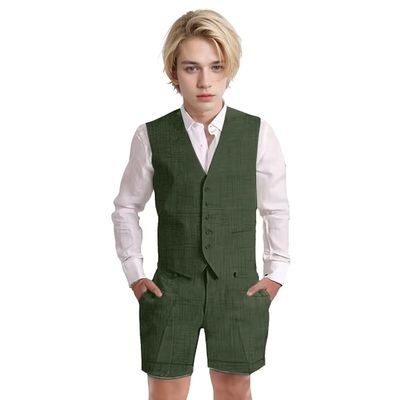Wotoko Boys Summer Linen Suit Slim Fit Kids Tuxedo Beach Wedding Suits for Boys 2 Pieces Vest Short Pants Set,Dark Green,16