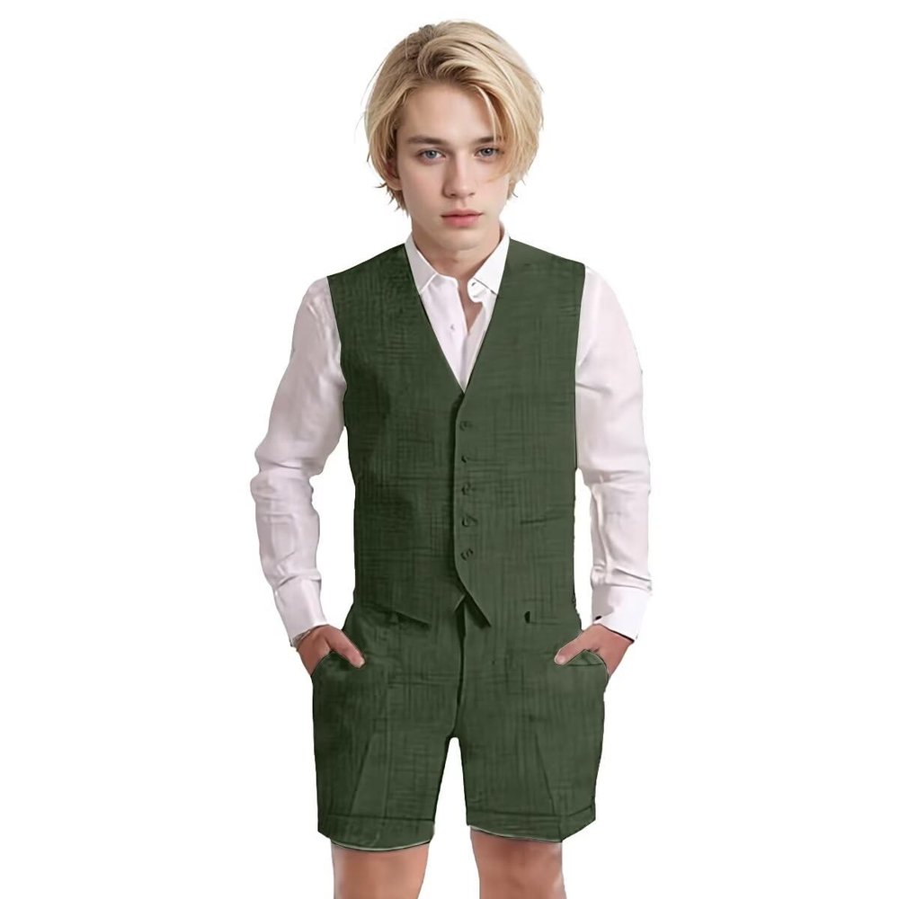Wotoko Boys Summer Linen Suit Slim Fit Kids Tuxedo Beach Wedding Suits for Boys 2 Pieces Vest Short Pants Set,Dark Green,16