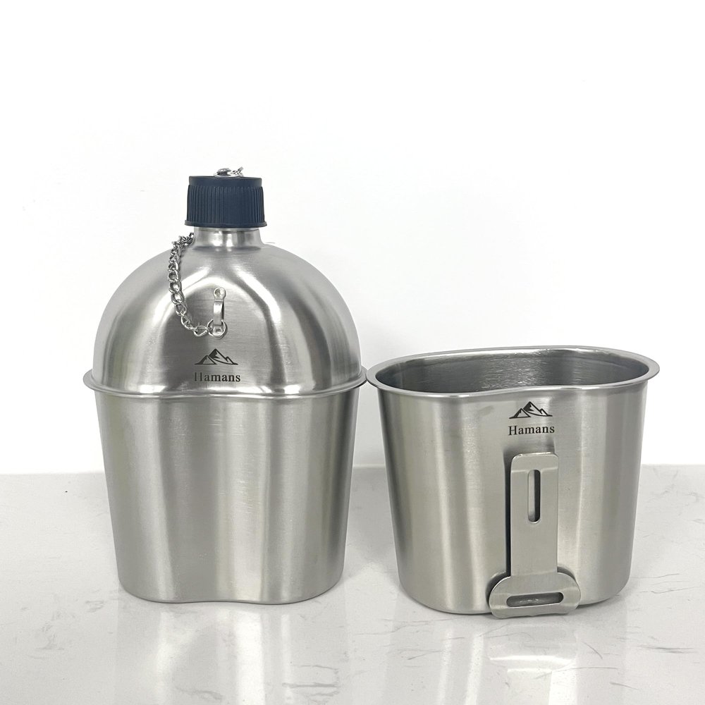 Hamans Stainless Steel Military Canteen Kit, 1000ml Bottle with 500ml Cup