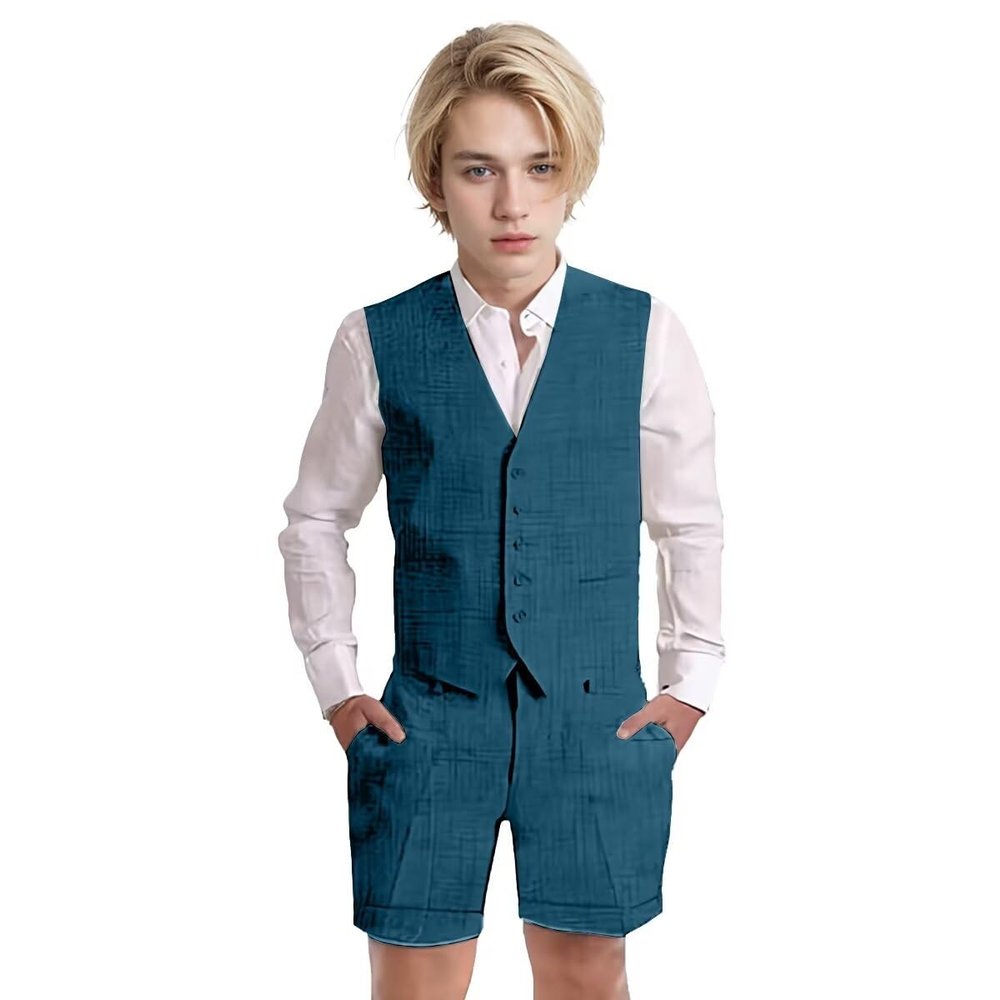 Wotoko Boys Summer Linen Suit Slim Fit Kids Tuxedo Beach Wedding Suits for Boys 2 Pieces Vest Short Pants Set,Teal,8