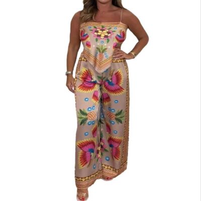 Women's 2-Piece Printed Lace-Up Vest-Camisole Wide-leg Pants Printed Positioned Off-the-Shoulder Top Party Club Set(Orange,X-Large)