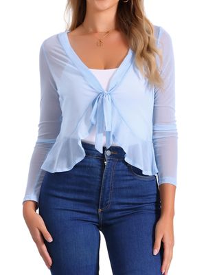 Allegra K Ruffle Mesh Shrug for Women's Long Sleeves Self Tie Casual Bolero Cardigan Medium Light Blue