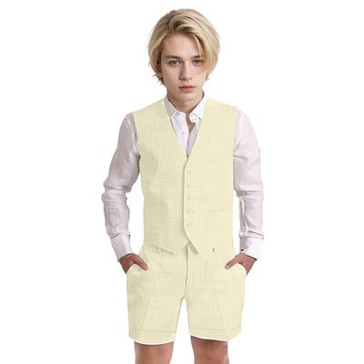 Wotoko Boys Summer Linen Suit Slim Fit Kids Tuxedo Beach Wedding Suits for Boys 2 Pieces Vest Short Pants Set,Ivory,10