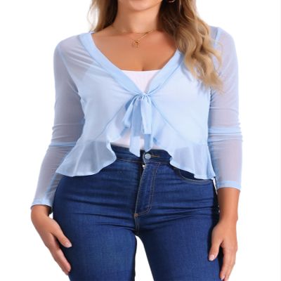 Allegra K Ruffle Mesh Shrug for Women's Long Sleeves Self Tie Casual Bolero Cardigan Small Light Blue