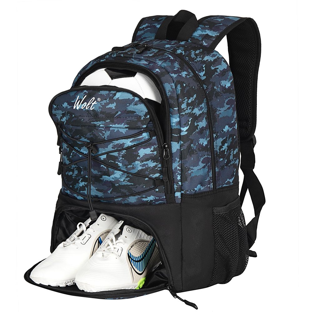 WOLT Soccer Backpack Soccer Bag with Ball Holder & Shoes Compartment, Sport Equipment Bags For Football, Basketball, Volleyball, Gym (CamoBlue)