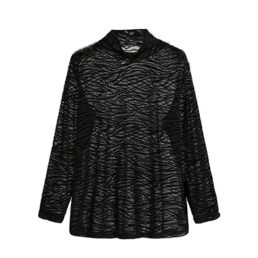 Men's Zebra Print Sheer Mesh High Neck Long Sleeve T Shirts Party Club Top Slim Fit Stretch Base Layer (Medium) Black