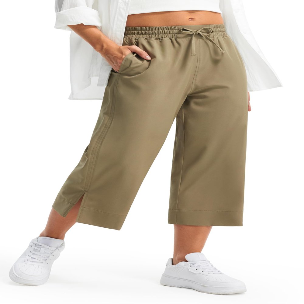 Libin Capri Pants for Women Lightweight Wide Leg Casual Beach Pants Lounge Travel Work Slacks with Pockets Loose Fit Hiking Walking, Khaki S
