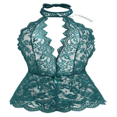 AIBINGGE Women One Piece Black Lace sexy Lingerie Teddy, Halter Neckline, Bow Accents (green, M)