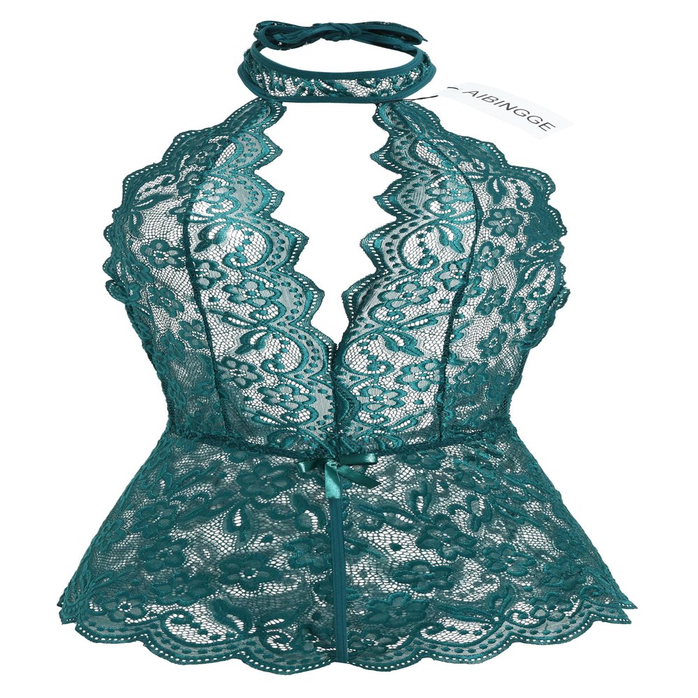 AIBINGGE Women One Piece Black Lace sexy Lingerie Teddy, Halter Neckline, Bow Accents (green, M)