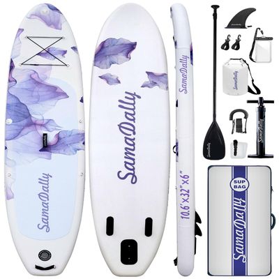 SamaDally 10.6' Inflatable Stand Up Paddle Boards, Paddle Board of All Skill Levels with Complete Inflatble SUP Accessories, Hand Pump, Waterproof Bag, Removable Fin, Leash (Purple Flower)