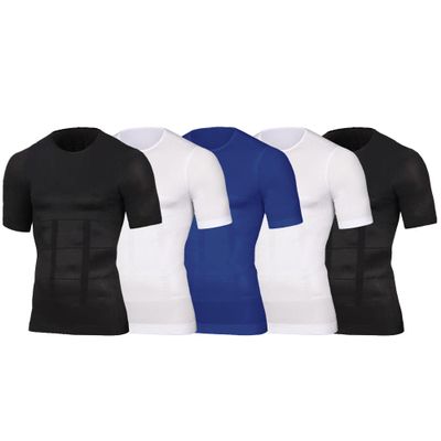 QOAAIE 5 Pack Mens Slimming Body Shaper Shirt Compression Shirt Tummy Control Undershirt Short Sleeve Workout Shapewear (M-Colors1-5PC,X-Large)