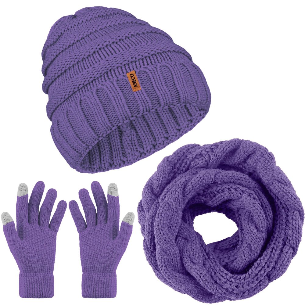 Aneco Winter Warm Knitted Scarf Beanie Hat and Gloves Set Men & Women's Soft Stretch Hat Scarf and Mitten Set