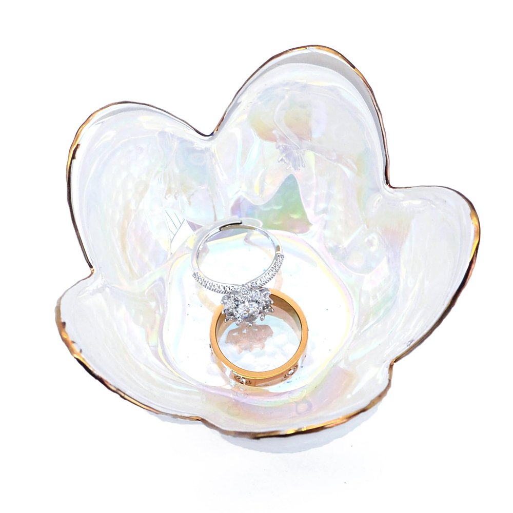Ardax Flower Shape Ring Dish Jewelry Tray Organizer, Glass Accent Tray for Vanity, Small Decorative Trinket Dish, Matte Pearl White