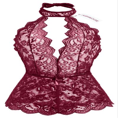 AIBINGGE Women One Piece Black Lace sexy Lingerie Teddy, Halter Neckline, Bow Accents (wine red, M)