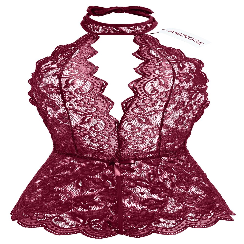 AIBINGGE Women One Piece Black Lace sexy Lingerie Teddy, Halter Neckline, Bow Accents (wine red, M)