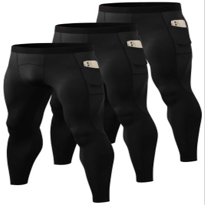 Queerier 3 Pack Men's Compression Pants Athletic Leggings with Pockets Running Baselayer Tights Cycling Workout Pants