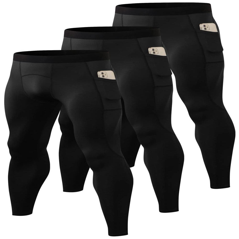 Queerier 3 Pack Men's Compression Pants Athletic Leggings with Pockets Running Baselayer Tights Cycling Workout Pants