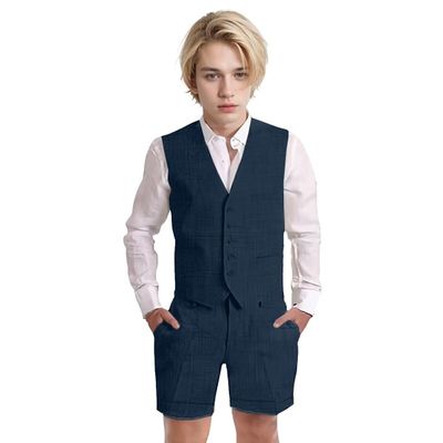 Wotoko Boys Summer Linen Suit Slim Fit Kids Tuxedo Beach Wedding Suits for Boys 2 Pieces Vest Short Pants Set,Navy Blue,6