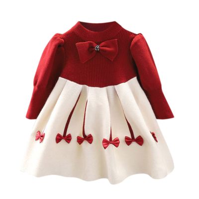 Little Girls Knit Sweater Dress Bowknot Print Winter Sweater Dress Long Sleeve Crew Neck (Red, 3-4 Years)
