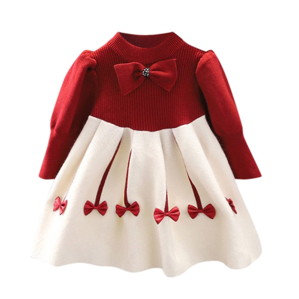 Little Girls Knit Sweater Dress Bowknot Print Winter Sweater Dress Long Sleeve Crew Neck (Red, 3-4 Years)