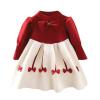 Little Girls Knit Sweater Dress Bowknot Print Winter Sweater Dress Long Sleeve Crew Neck (Red, 3-4 Years) view 1